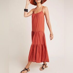 Anthropologie Frye Alyssa Tiered Maxi Dress Boho Rust Orange Cotton Size M EUC